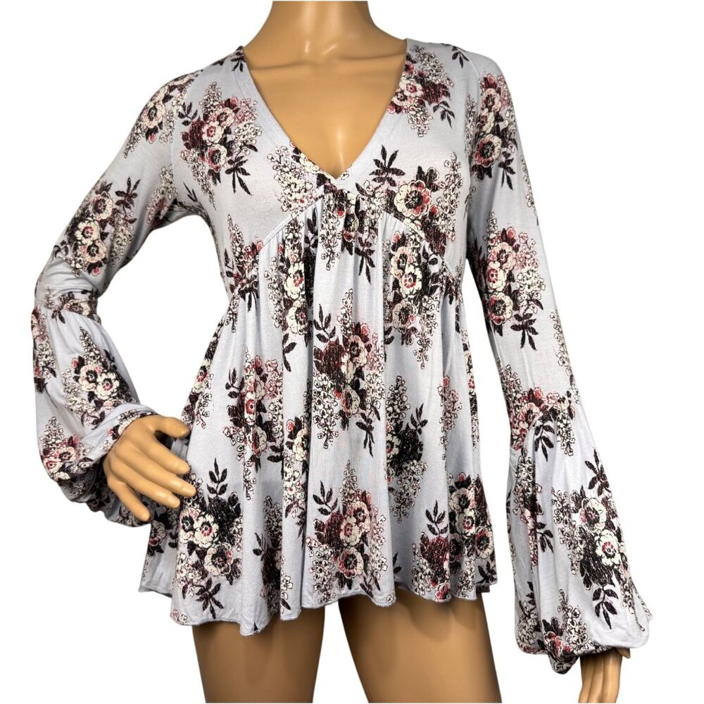 Free People Speak Easy Blue Floral Tunic Flowy Top Bell Sleeve Babydoll Boho XS